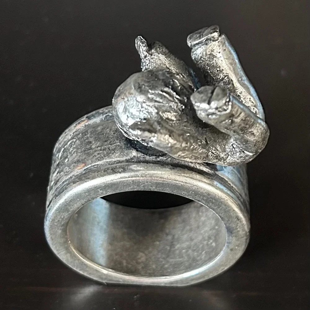 Hudson Walli Pewter Napkin Ring Brutalist Boy Playing Figurine Silver Tone USA